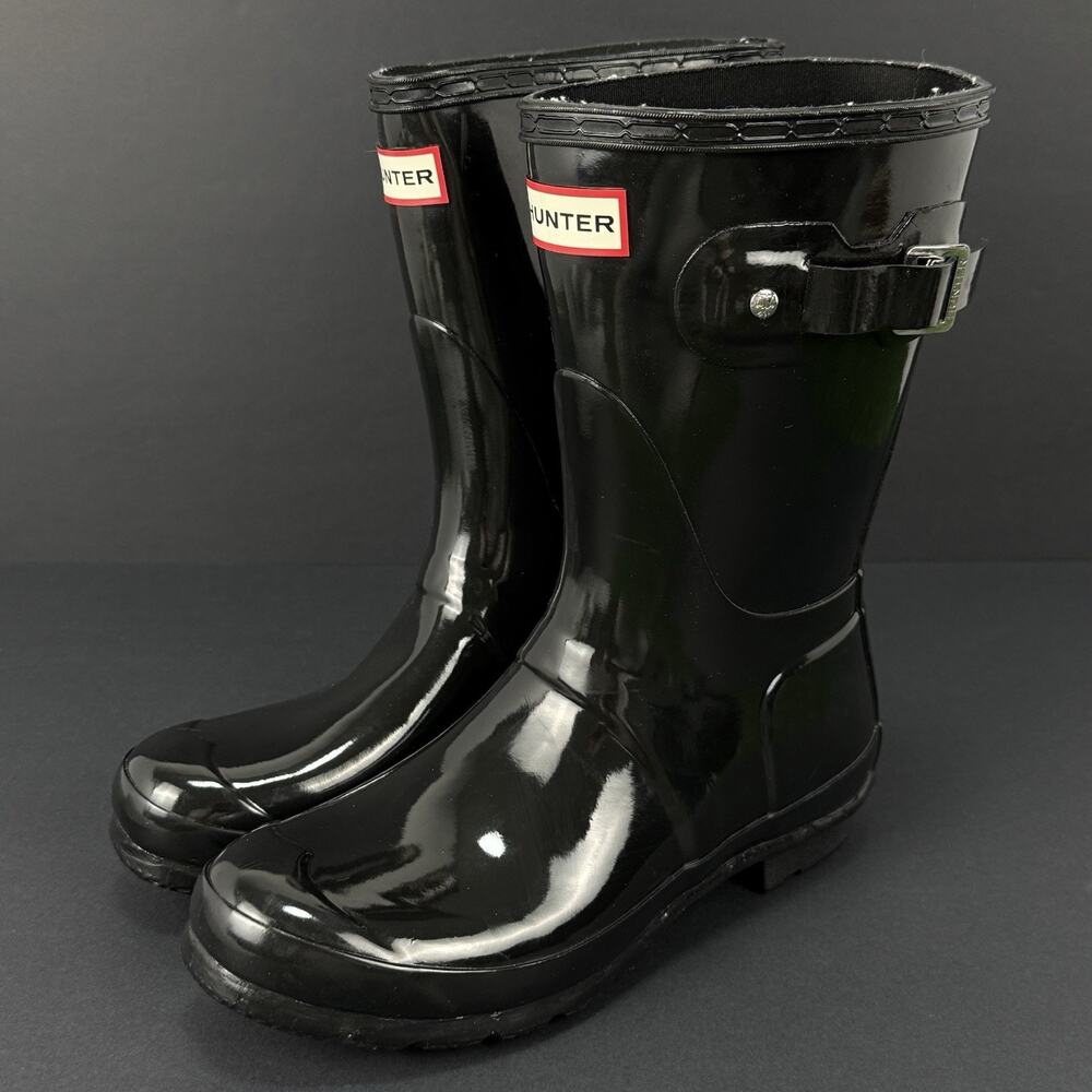 Hunter Original Short Gloss Rain Boots Womens Size 7 Black Waterproof